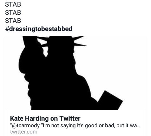 MarkBell5's tweet photo. @KateHarding #dressingtobestabbed
@KateHarding 
#KateHarding https://t.co/0DIVlb37Uo