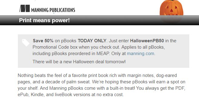 sportebois's tweet photo. 50% off on @ManningBooks printed books today! And since Manning give ebook for free with copies of pbooks, we can call thix Xmas in October https://t.co/vdKzConuyV