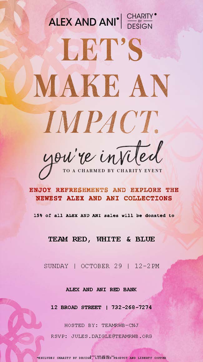 Join us at <a href="/alexandani/">ALEX AND ANI</a> in #RedBank for today's #CharmedByCharity event. 15% of all sales from 12 - 2pm will be donated to <a href="/TeamRWB/">Team Red, White & Blue</a>.🇺🇸🦅