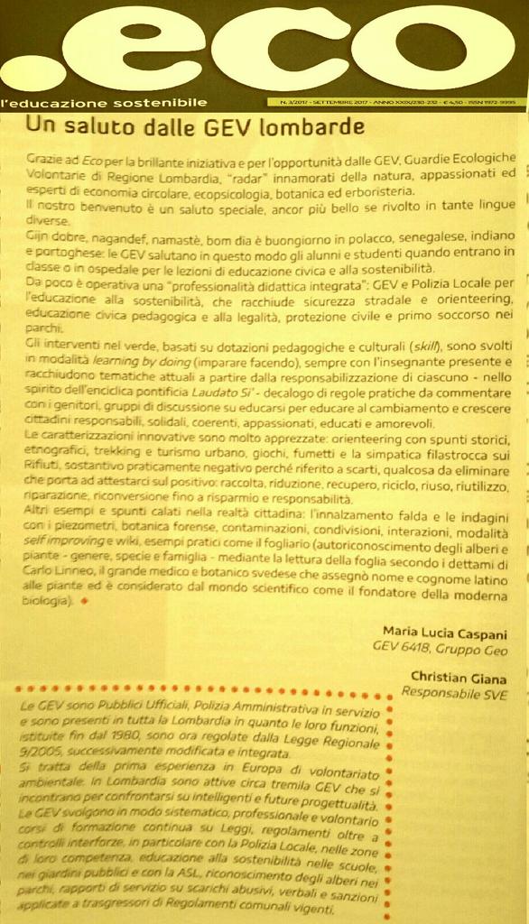 ginugiola's tweet photo. #GEV @ComuneMi ringraziano .eco #educazionesostenibile che sul numero di #settembre2017 pubblica ns intervento e report con #PoliziaLocaleMI https://t.co/AMqBIlLIqO