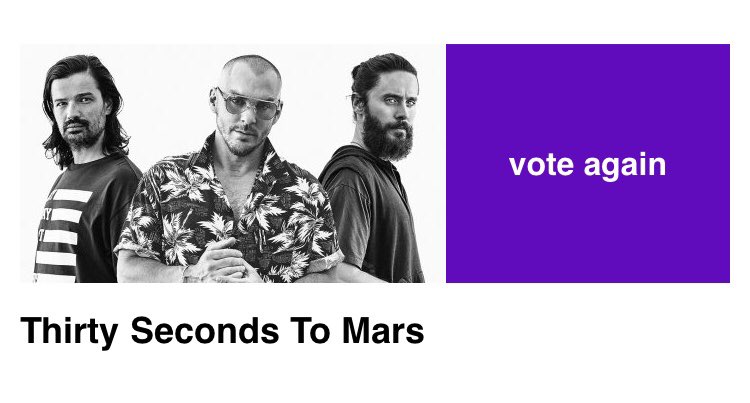 NRichard9's tweet photo. Daily activity! Vote &amp; vote again 💪🏻
@30SECONDSTOMARS 
https://t.co/7c3iYl20Pa https://t.co/WEiyWFVhtg