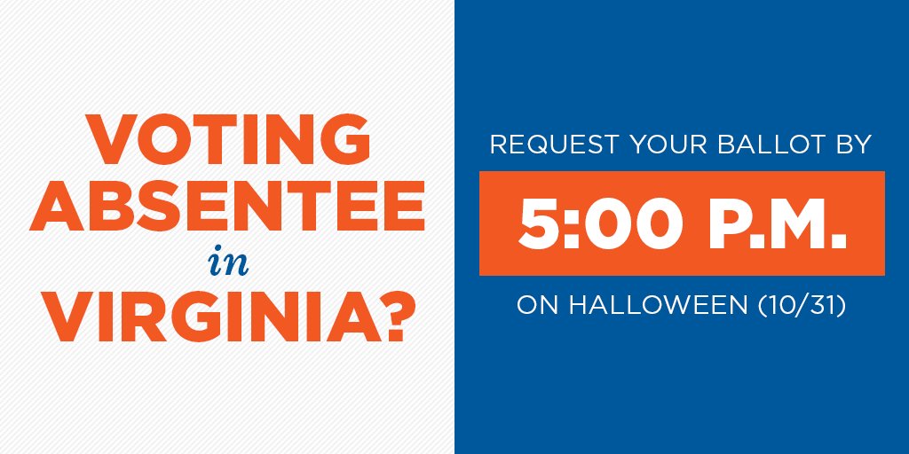 TheDemocrats's tweet photo. The last day to request an absentee ballot by mail in Virginia is Halloween. 🎃 Request yours online: https://t.co/9Ky14DTFRq https://t.co/1wzRAb0kih