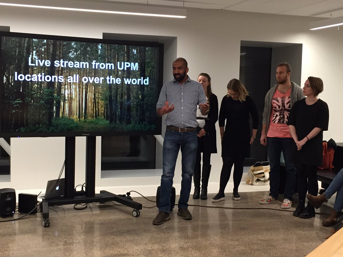 MikolaSuvikki's tweet photo. Team UPM live pitching their solution to responsibility challenge #upmhack @tiedekulma @helsinkiuni #youmakewe https://t.co/wfrsV4MSZE