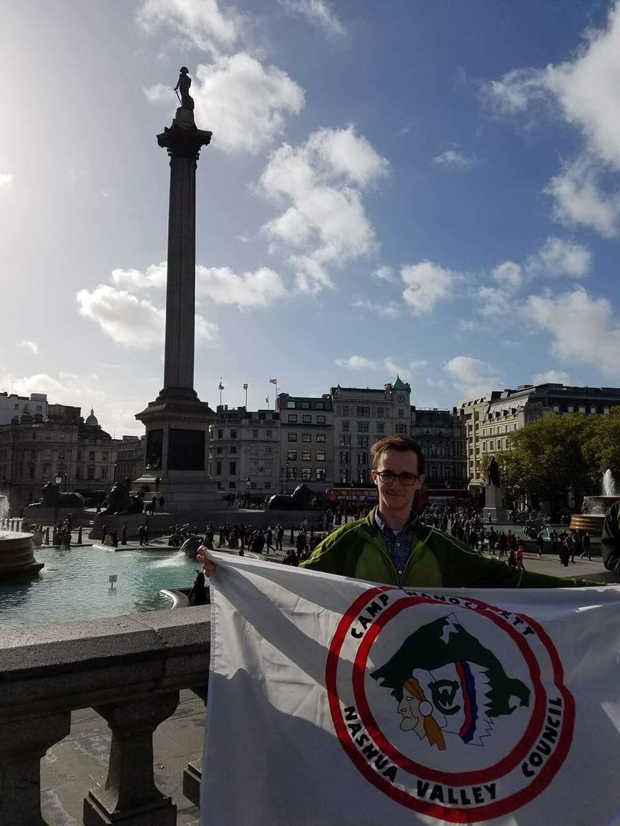 campwanocksett's tweet photo. The flag traveled “across the pond” once again this time to visit London. Nurse Josh Cannon brought the flag to a number of landmarks in the city including Westminster Abbey, Baden-Powell House, and Trafalgar Square. #CWWorldTour https://t.co/ZxwkB3RYaE