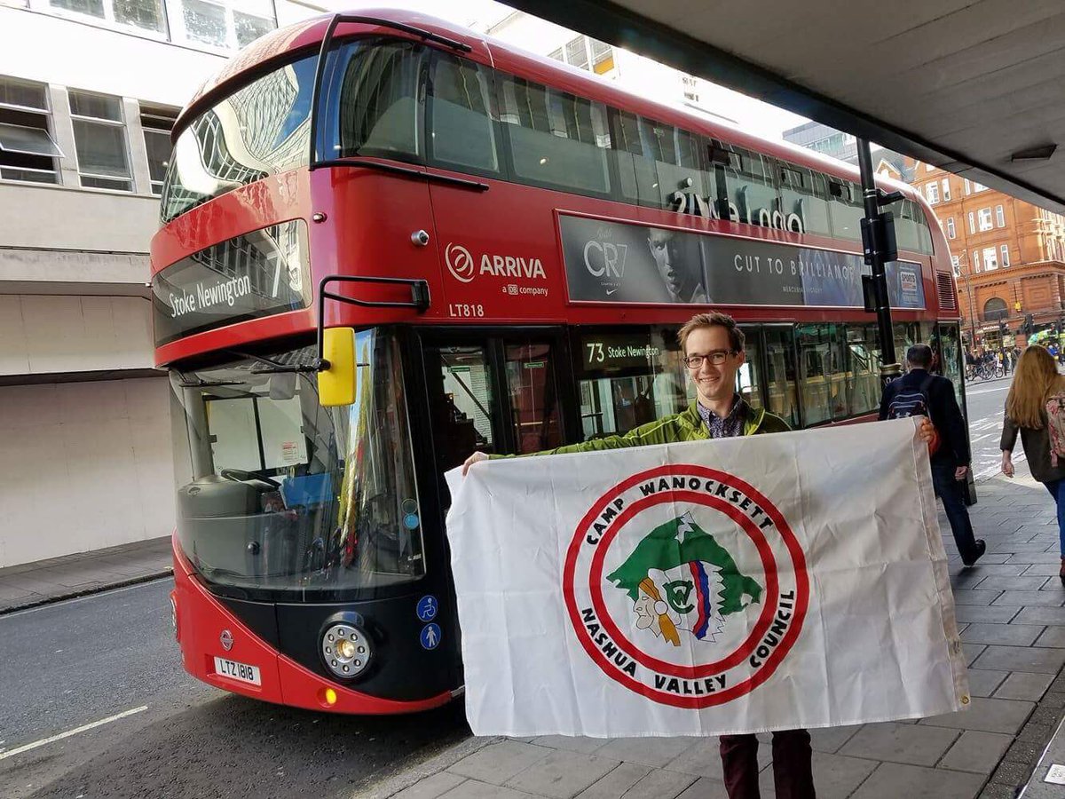 campwanocksett's tweet photo. The flag traveled “across the pond” once again this time to visit London. Nurse Josh Cannon brought the flag to a number of landmarks in the city including Westminster Abbey, Baden-Powell House, and Trafalgar Square. #CWWorldTour https://t.co/ZxwkB3RYaE