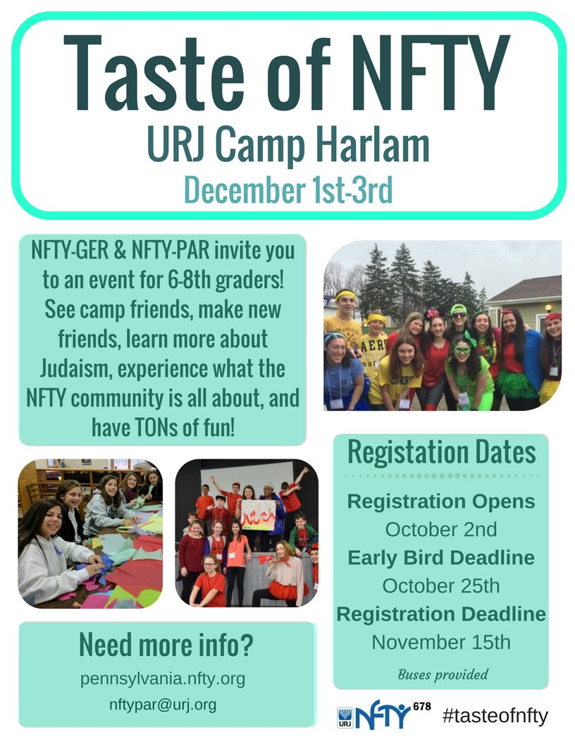 6th, 7th &amp; 8th grade campers: Join <a href="/nftypar/">NFTY-PAR</a> &amp; <a href="/nftyger/">NFTY-GER</a> for a weekend at camp! Details at pennsylvania.nfty.org &amp; gardenempire.nfty.org
