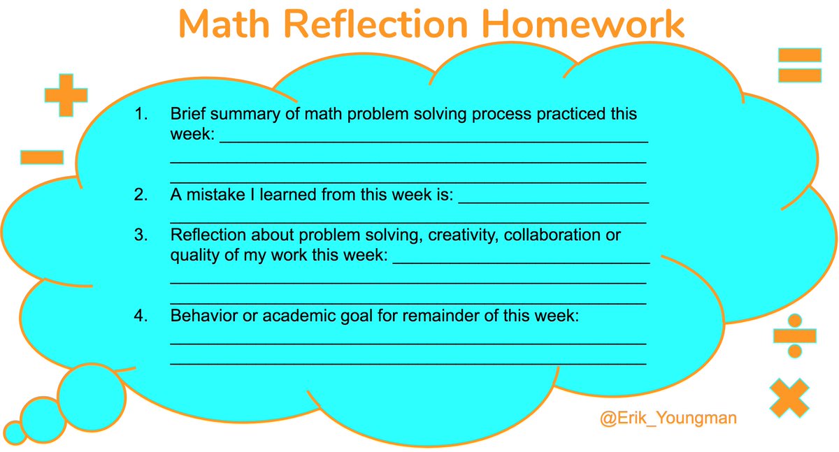 Erik_Youngman's tweet photo. Rather than no homework or unreasonable homework, assign #Math #Reflection #Homework.   #ASCDCEL17 #learning #education #MathChat #4thchat https://t.co/7vEjhYa284