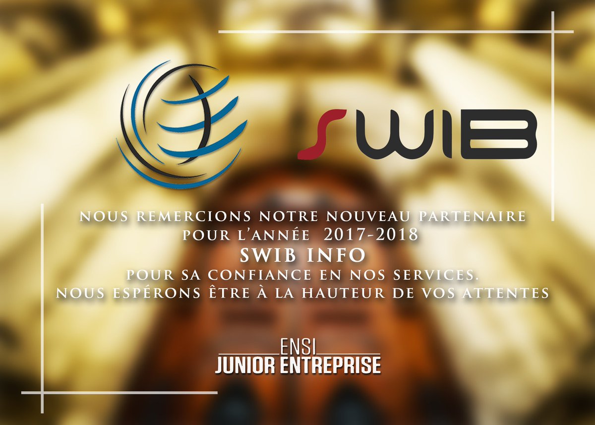 ENSI_JE's tweet photo. The 2017-2018's work is starting to flourish with more partnerships incoming
In this matter, we would like to thank SWIB INFO for trusting our organization's services for the year to come
#ENSI_Junior_Entreprise
#SWIB_INFO
#StayTuned
#MoreAnnouncementsToCome
#Strive_For_Greatness https://t.co/oQNxT8MOVm