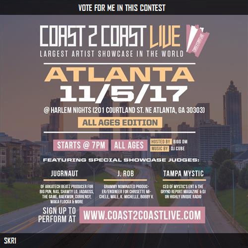 mujahidkimp's tweet photo. Just voted for SKR1 to perform at #Atlanta All Ages Edition 11/5/17! https://t.co/l8mNTiQee8 #Coast2Coast https://t.co/ehYvzJmHgc
