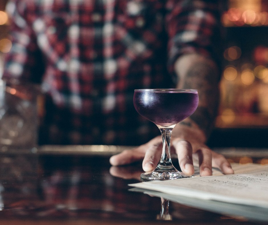 neatbarla's tweet photo. our my dear mortimer, w/ @FordsGin, @MezcalSilencio, creme de violette, &amp; lillet blanc, like #halloween in a glass. dark, spooky, delicious. https://t.co/I13k8994iy