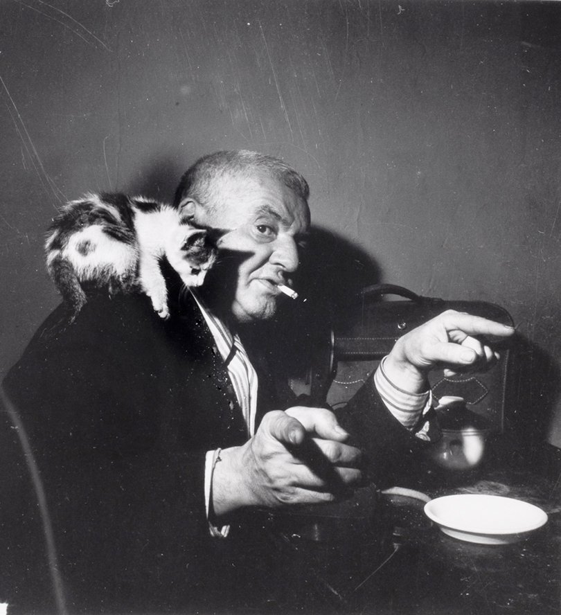 ICPhotog's tweet photo. 🐱 Here, kitty, kitty! It's only appropriate that on #InternationalCatDay we share this photo of Weegee. 🐱 📷 Unidentified Photographer, 1958 https://t.co/zjTdQIqVvm