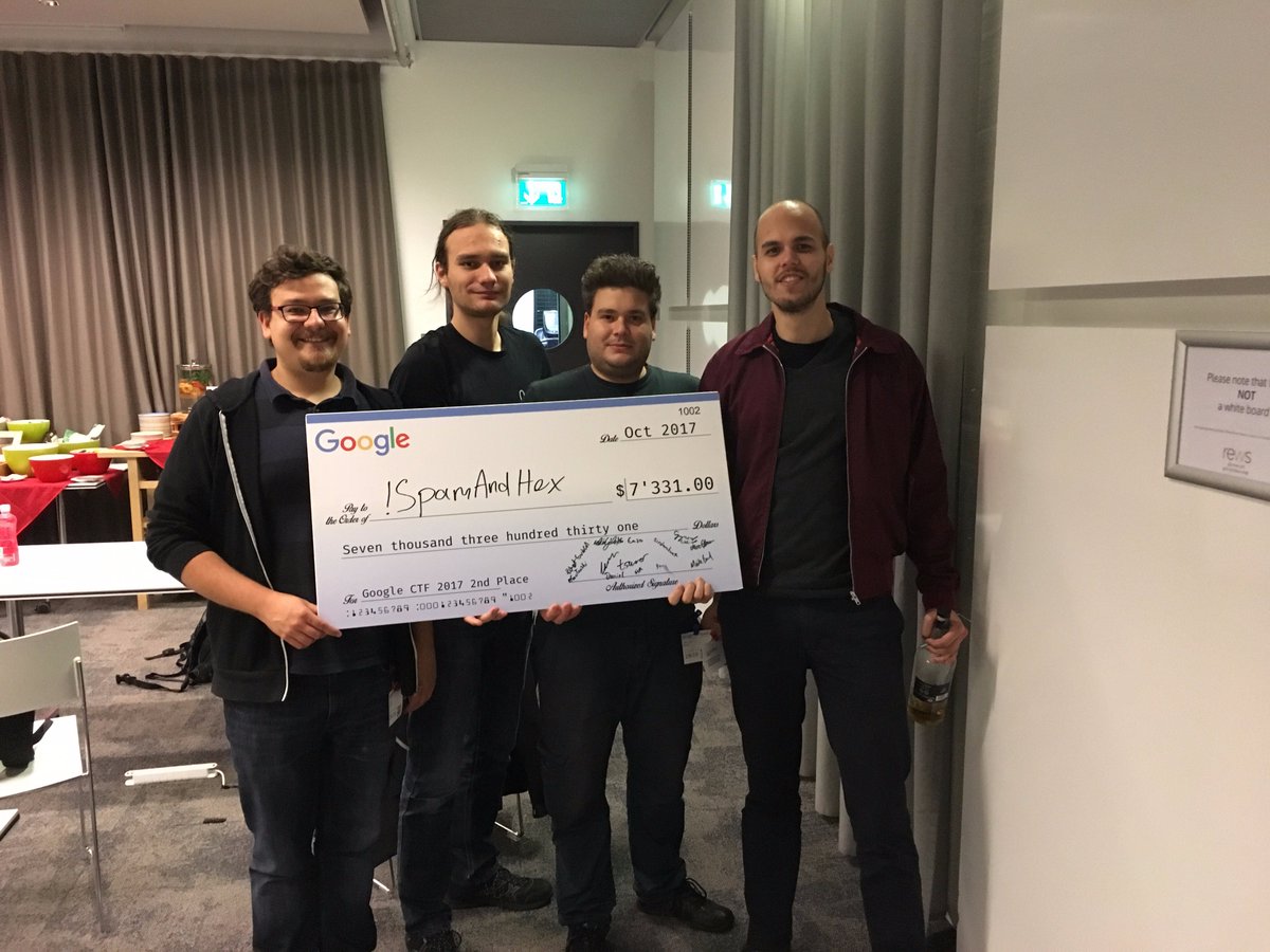 We just got 2nd place at #GoogleCTF Finals 2017, thx for organizing! Great challenges!