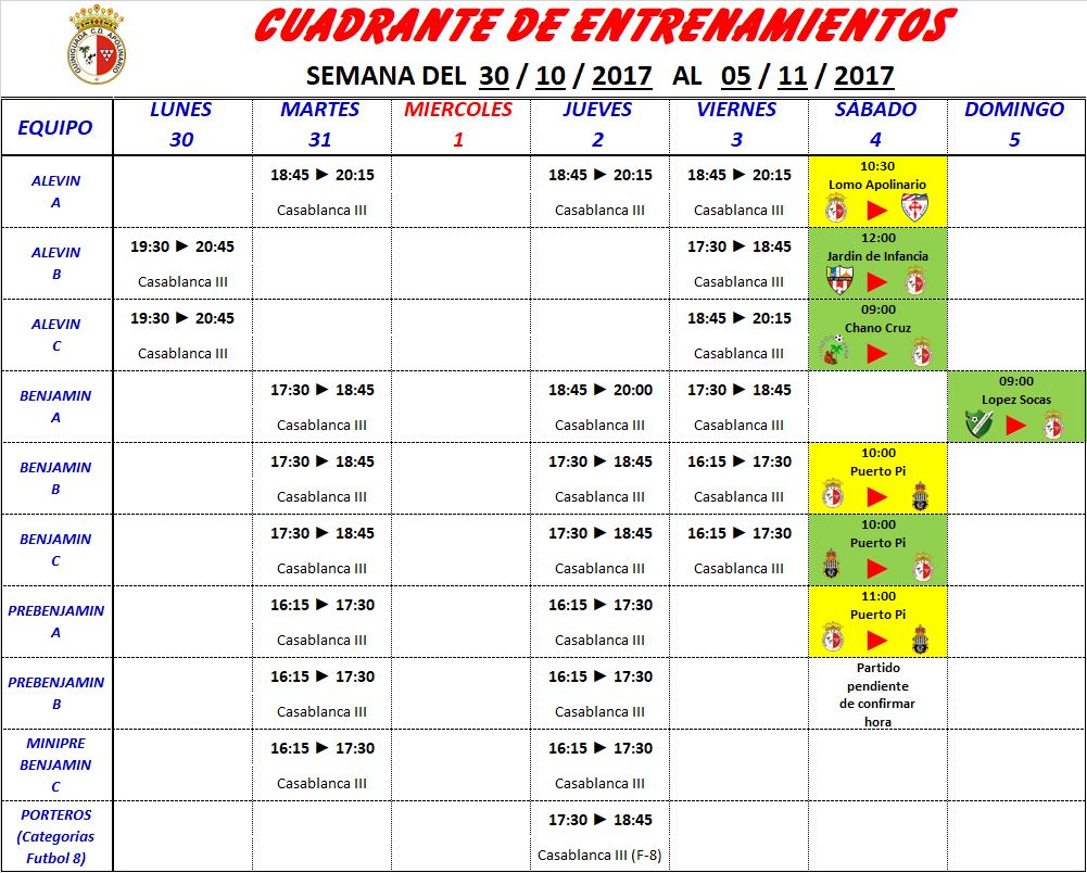 GUINIGUADACD's tweet photo. CUADRANTE DE ENTRENAMIENTOS SEMANA DEL 30 DE OCTUBRE AL 05 DE NOVIEMBRE 2017 F8 https://t.co/dTVw93ljqX