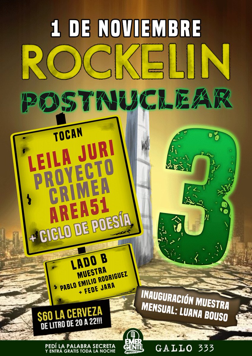 Los Miércoles son VIÉRCOLES con el #ROCKELIN. 1/11 Edición #POSTNUCLEAR, cortá la semana con Cultura Emergente. Cerveza $60 hasta las 22hs 👇