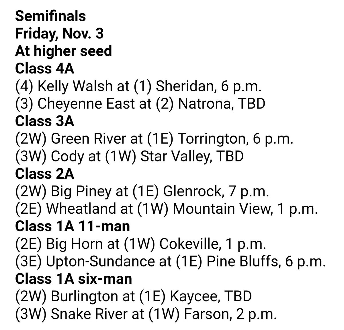 MattKerney's tweet photo. FAI: Here are the semi-lineups for Wyoming HSFB. Upton-Sundance will be at Pine Bluffs for 1A 11-Man. #WYpreps #WYFootball17 https://t.co/ur4lYb3WXU