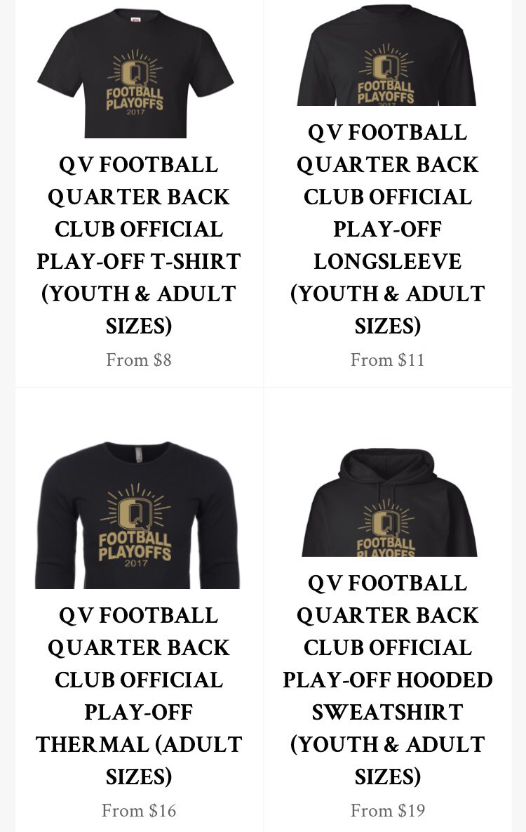 Qvfootball's tweet photo. Be sure to get Ur QV play off apparel for Friday’s home play off game! Show up looking fresh in the Black n Gold!!⚫️📣https://t.co/ZhF9szeGEL https://t.co/ZZpIt1aayE