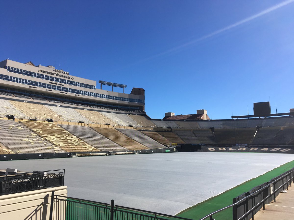 CUBuffsTurf's tweet photo. Just your typical Sunday...stadium cleanup, divot, spray, tarps.  Proud to say we have one of the best crews in the business. #GOBUFFS https://t.co/rowxR1T2H0