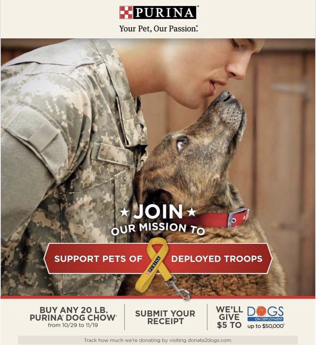 DogsonDeploymnt's tweet photo. Help @Purina support @DogsonDeploymnt by purchasing any 20 lb bag of @PurinaDogChow® dog food between now &amp; 11/19 &amp; submit your receipt! 🐾 https://t.co/ibs41EcEa1