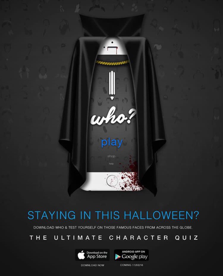 WhoQuizz's tweet image. Staying in this Halloween? Download 'who?' and test yourself on famous faces from across the globe! #halloween #Sunday #addictive #game