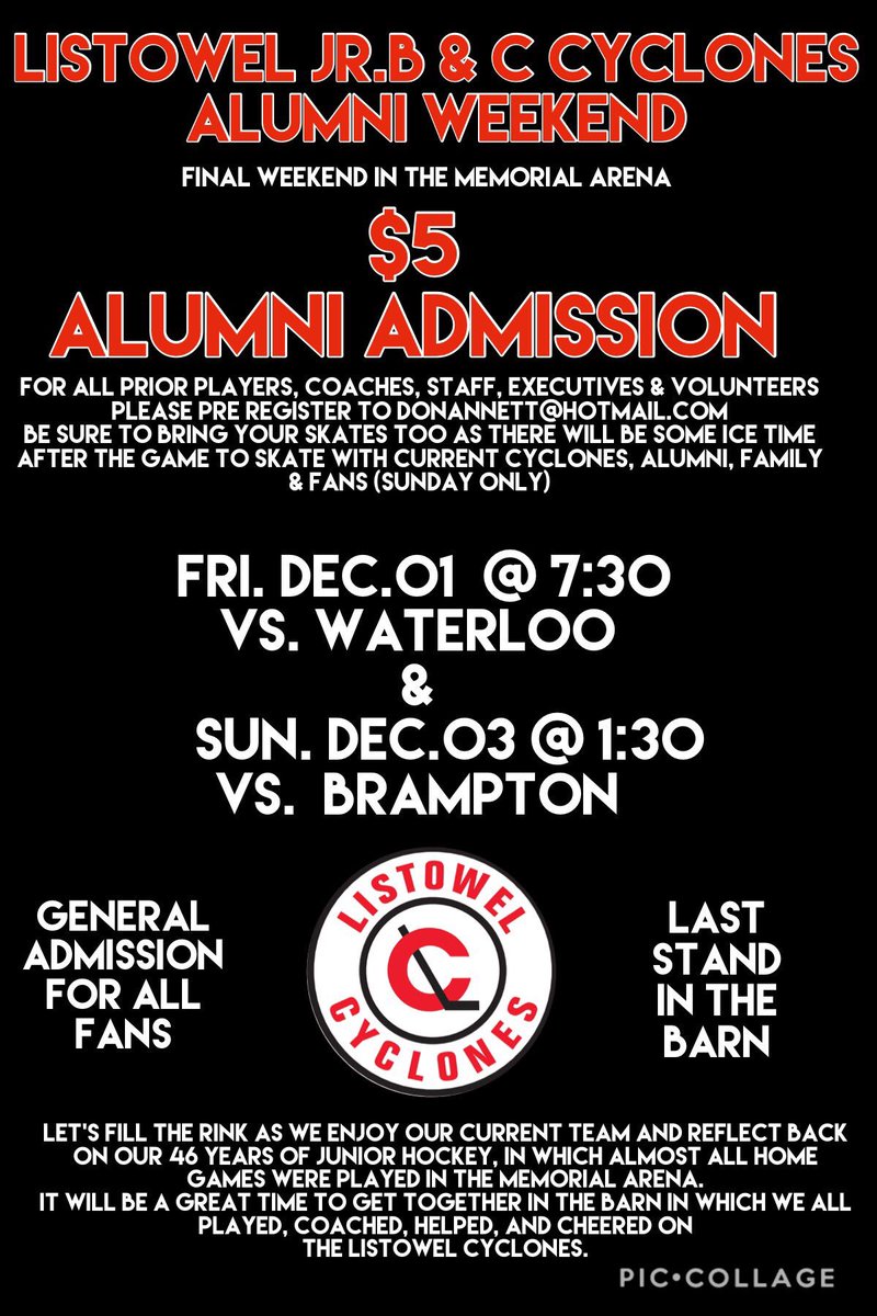 Calling all Cycs Alumni! Come bid farewell to the Listowel Memorial arena with $5 admission during its final weekend!