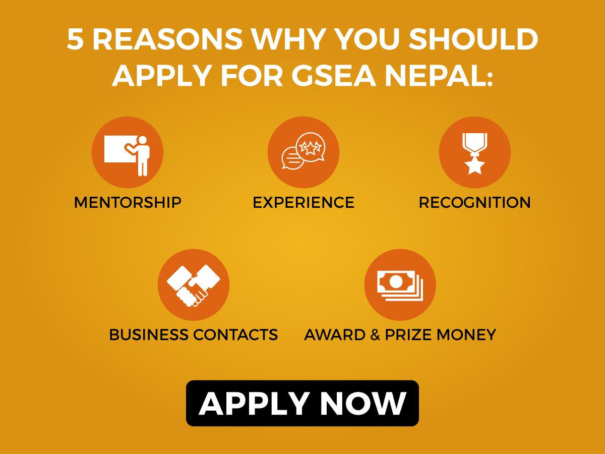 GSEANepal's tweet photo. 5 reasons why you should apply for #GSEA #Nepal:

Go to https://t.co/Qw238B1WfO and register now to participate in the GSEA awards. https://t.co/mlcNzHpN7H