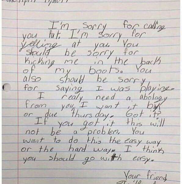 halbowman's tweet image. Apparently,  when you demand a kid to write a letter of apology, you need to be specific about your expectations.  #mykindofkid #duethursday