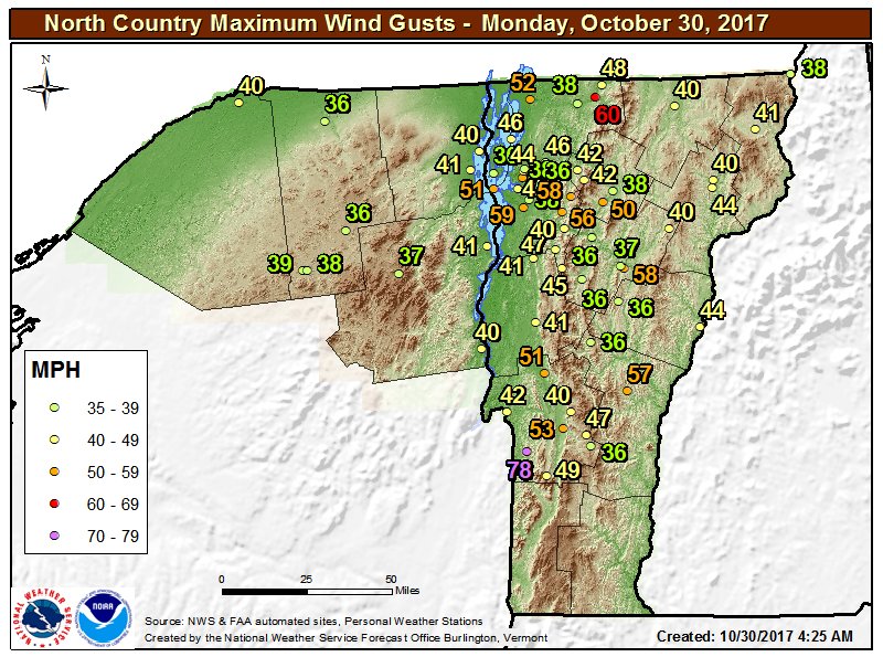 NWSBurlington's tweet image. Peak wind gust at @BTVAirport hit 59 mph at 354 AM.  Mount Mansfield gusted to an astonishing 115 mph!