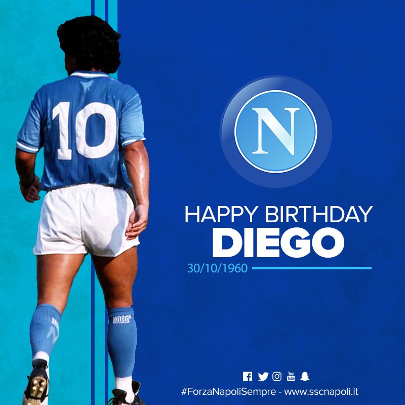 sscnapoli's tweet photo. Buon Compleanno Diego 🎉 #Maradona 🇦🇷 #D10S ⚽️ #ForzaNapoliSempre 💙 https://t.co/ziAn22Rmqs