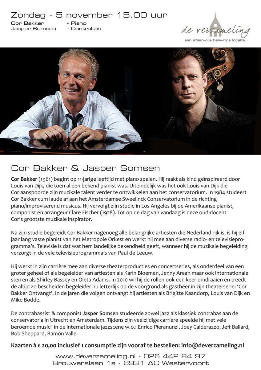 Deze zondag 15.00 uur <a href="/DeVerzameling/">Marie-José van Hekke</a> : <a href="/corbakker/">Cor Bakker</a> &amp; @jaspersomsen
Kaarten via: deverzameling.nl/evenementen-li… of info@deverzameling.nl