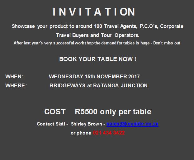 keyside_conf's tweet photo. In the travel trade? Come to Skal Travel Trade workshop on 15 Nov at in Cape Town. Info: sales@keyside.co.za or phone 021 434 3422 https://t.co/FtRDCJXbEW