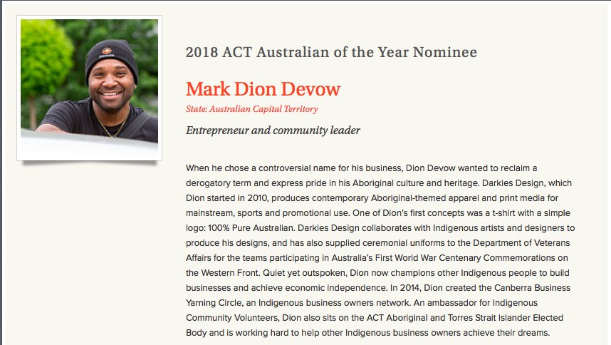 IndigBizMonth's tweet photo. #Deadly news in the #IndigenousBusiness world today! #DionDevow founder @DarkiesDesign has been nominated as 2018 ACT #AustralianOfTheYear! https://t.co/5yxqFvh2iS
