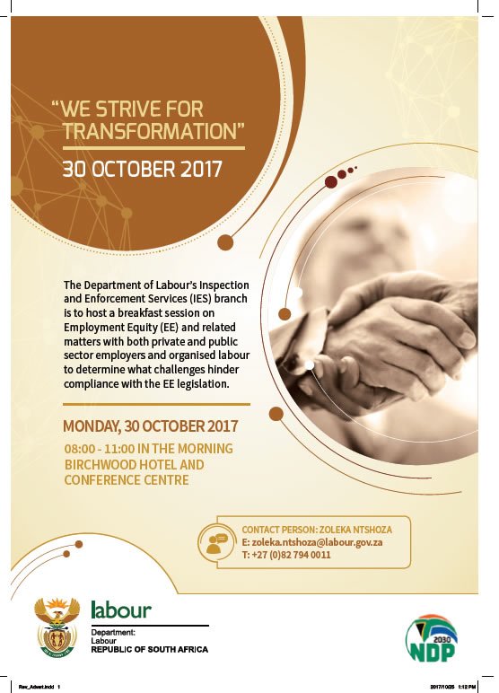 deptoflabour's tweet photo. Good Morning, Department’s IES branch engages employers on failure to comply with #EEAct, 30 Oct at Birchwood hotel https://t.co/UqBltMdb2b https://t.co/49gv1vjeZ0