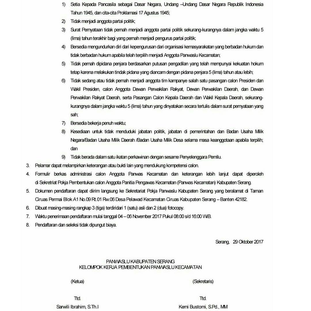 Pengumuman Seleksi Panwaslu Kecamatan Se-Kabupaten Serang.

Formulir :

drive.google.com/open?id=0B6NCL…