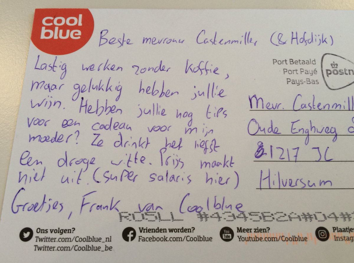 Dank <a href="/Coolblue_NL/">Coolblue</a>. Wij helpen ook graag: voor Frank’s moeder staat een prachtige Soave klaar.  De lekkerste! Waar mag deze naartoe? ^Karin