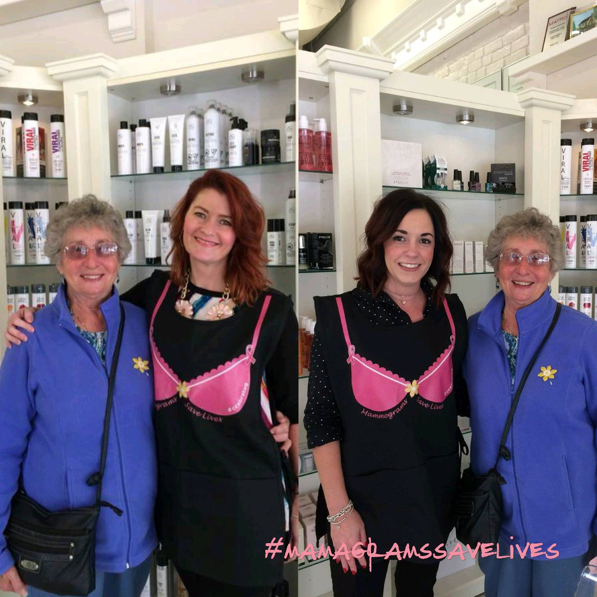 Studio237Salon's tweet photo. Michelle and Sarah make their statement loud and clear...#MamagramsSaveLives #CCSBraTag #CanadianCancerSocietyBelleville https://t.co/R2mFekwnSU