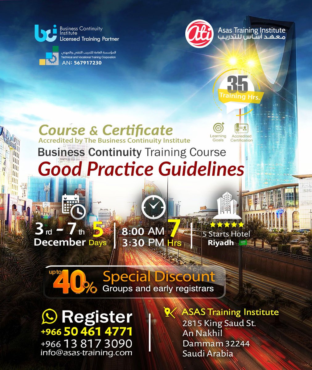 asas_training's tweet photo. BCI Good Practice Guidelines Training Course
#BusinessContinuity #MiddleEast - #Riyadh 🇸🇦 #TrainingCourse #RiskManagement #AsasTraining https://t.co/K9LJ6FcG1r