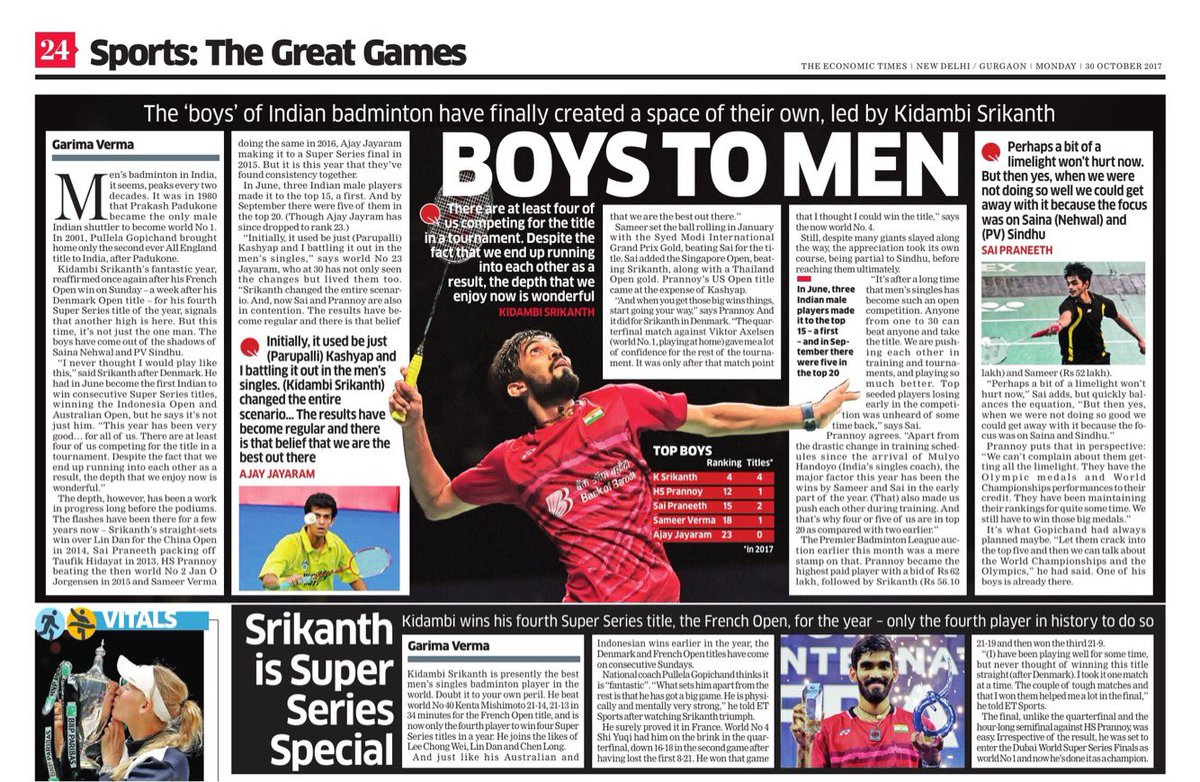 garimavverma's tweet photo. when #badminton overshadows #Cricket @EconomicTimes @srikidambi @PRANNOYHSPRI @ajay_289 @saiprneeth92 @BAI_Media https://t.co/Y3Irxy9jOb https://t.co/EfgaheGgza