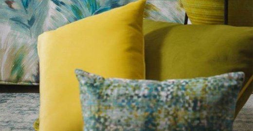 The combination of yellow, green and blue colors are always a goog option to bring freshness to a room. Fabrics Lara &amp; Sofia #InterioDesing