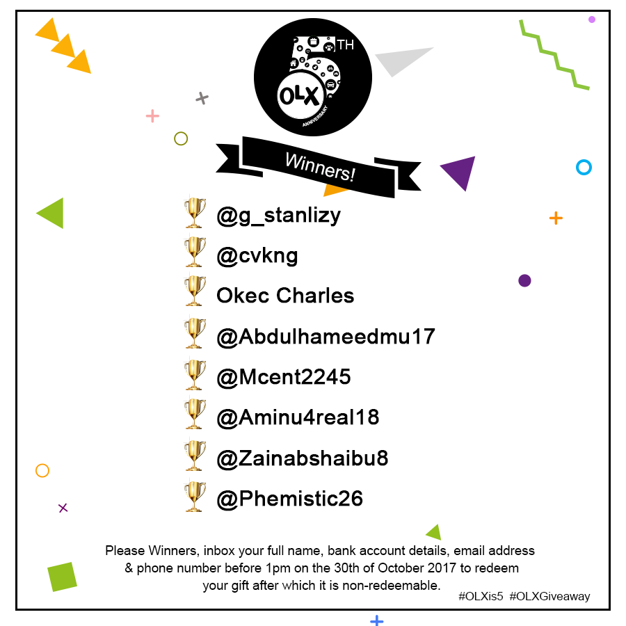 jijing_team's tweet photo. Congratulations winners! You have won N5,000 each. Please send in your details before 1pm, today. #OLXis5 #Giveaway #5thAnniversary #OLX https://t.co/OdNdsrOz57