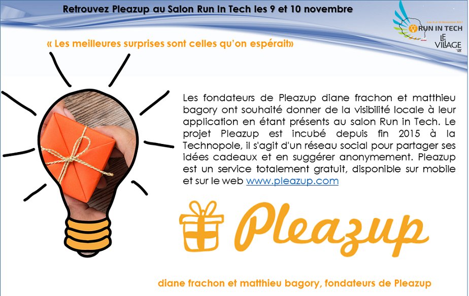 RUNINTECH's tweet photo. J-10
Venez découvrir les surprises de Pleazup les 9 &amp; 10 novembre au Village by CA. Ils vous attendent nombreux !
https://t.co/pCNiDV2tAD https://t.co/mb3vXg2Mg2