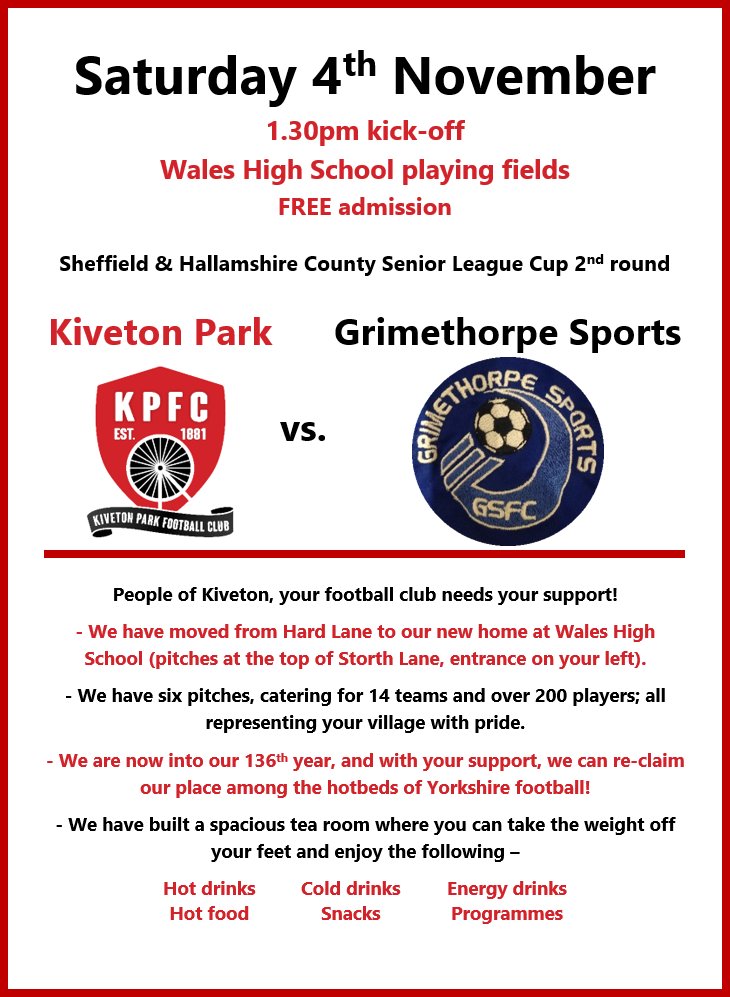 Huge game for our seniors this Saturday as they take on the top team in the Premier Division, <a href="/Grimethorpefc/">Grimethorpe Sports</a>