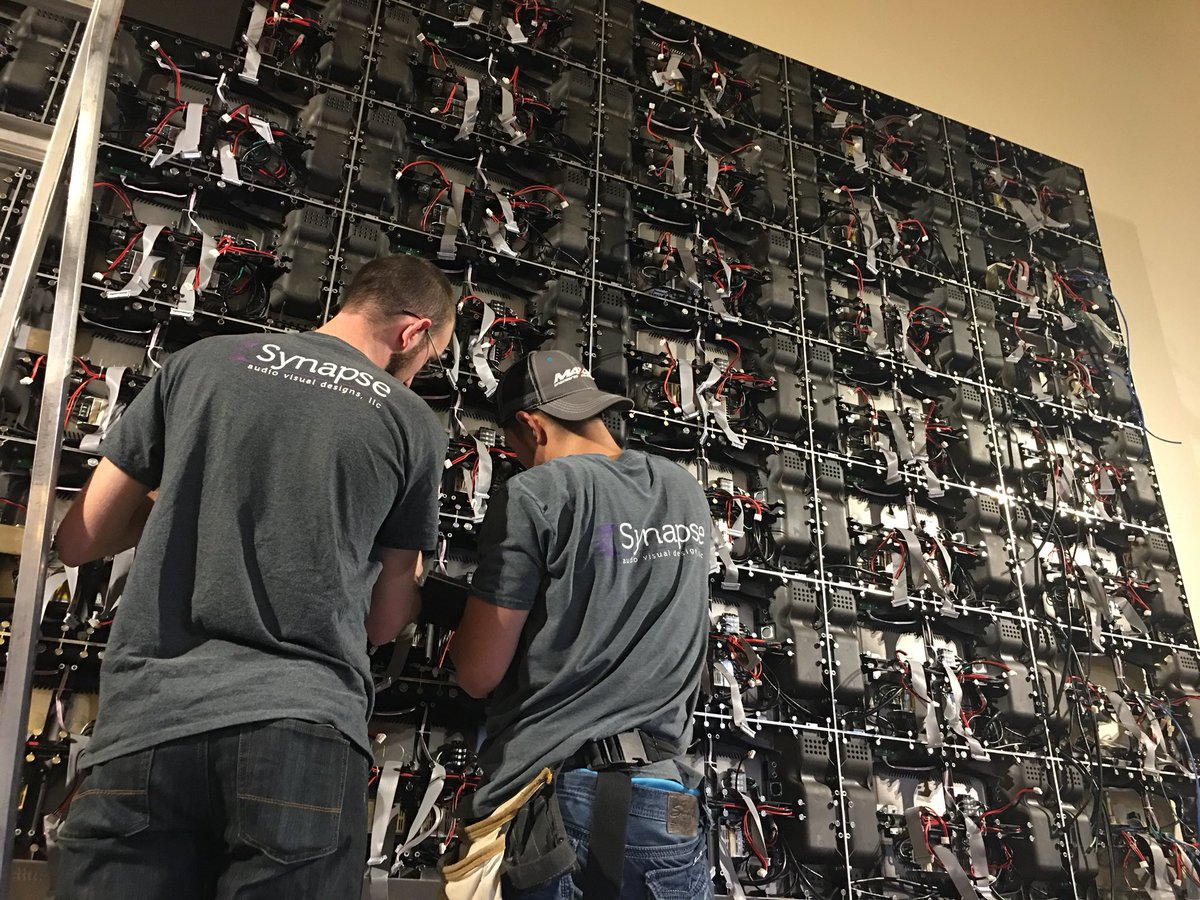 Crestron's tweet photo. Behind the scenes: @Synapse_Designs reveals all the skill that goes into a #Crestron 16’x9’ #LED #videowall. 📺 https://t.co/WPoYbPKwQG