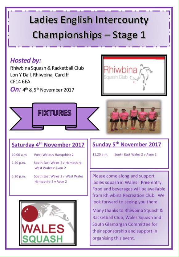 Ladies English Intercounty Championships-Stage 1 taking place in <a href="/SquashRhiwbina/">Rhiwbina Squash</a> Come along and support the event - 2 Welsh teams competing!