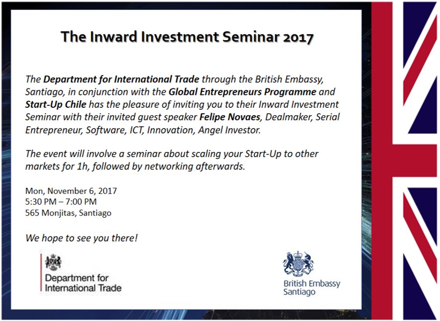 UKinChile's tweet photo. Have you thought about stablish your company in The UK ?
This is your chance !
The Inward Investment Seminar 2017 
Contact us to Register ! https://t.co/d811ZY7aY3
