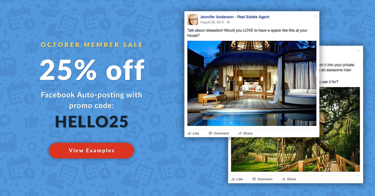 Agents, get 25% off Page Engage, auto-posted real estate content for Facebook - Ends 10/31: bit.ly/2iKQiVn