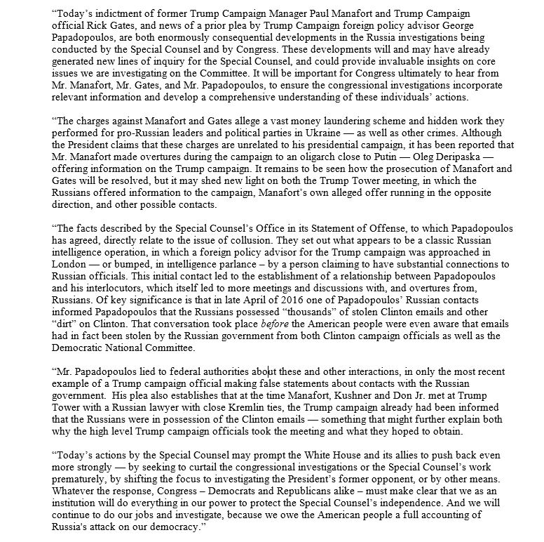 SenAdamSchiff's tweet photo. Today’s indictments of Manafort and Gates, and Papadopoulos’ guilty plea are key developments in Russia probe.  Here’s why: https://t.co/ELNg3LPoe3