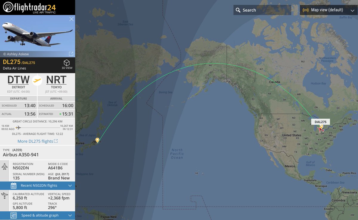flightradar24's tweet photo. The first @Delta (and North American airline) A350 service now en route from @DTWeetin to Tokyo.

🇺🇸✈️🇯🇵 https://t.co/4ZVWGP3Rf5 https://t.co/dGdsPkFZ8v