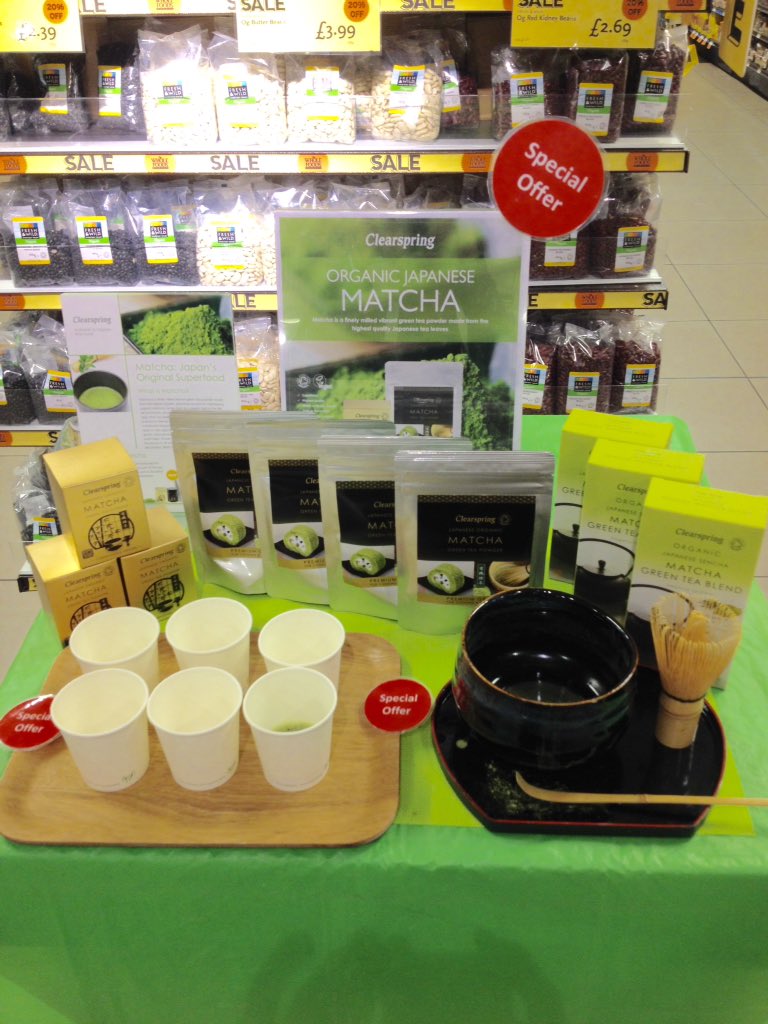 ClearspringUK's tweet photo. We're sampling #Matcha #tea @WholeFoodsUK in #HighStreetKensington #today ! Come and try๐ #JustAddMatcha #organic https://t.co/Z7rE2FIuQ5