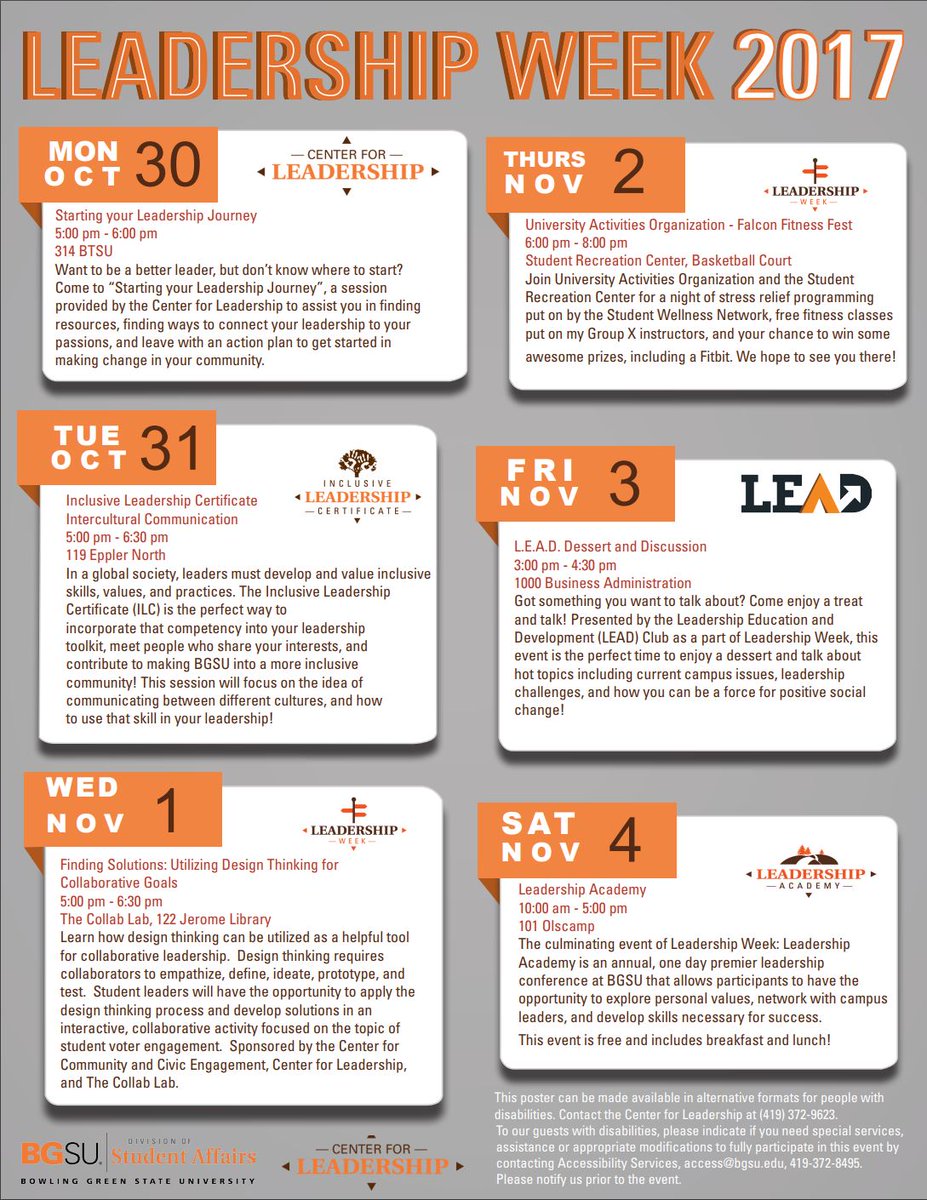 themarvincenter's tweet photo. Hey @bgsu @BGSUActivities its #LeadershipWeek2017 π
.
Get involved this week on campus! See flyer for details β¬
.
#BGLead #DareToLead https://t.co/lInRZozyWg