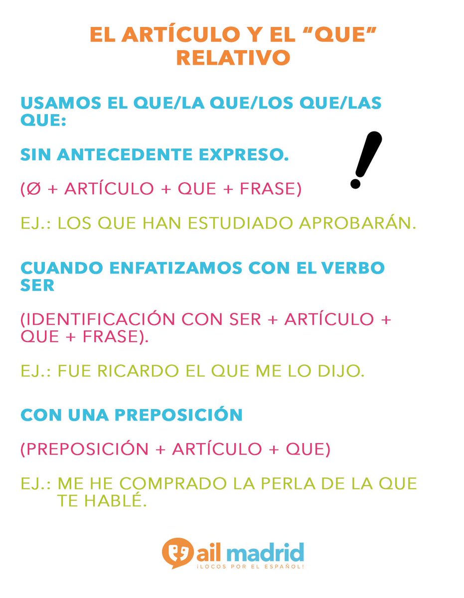 AILMadrid's tweet photo. Hay mucha confusión sobre el relativo ‘que’. ¡Descubre más aquí! #learnspanish #practisespanish #aprendeespañol #profedeele #MFL #spanish https://t.co/b3tUur55J4